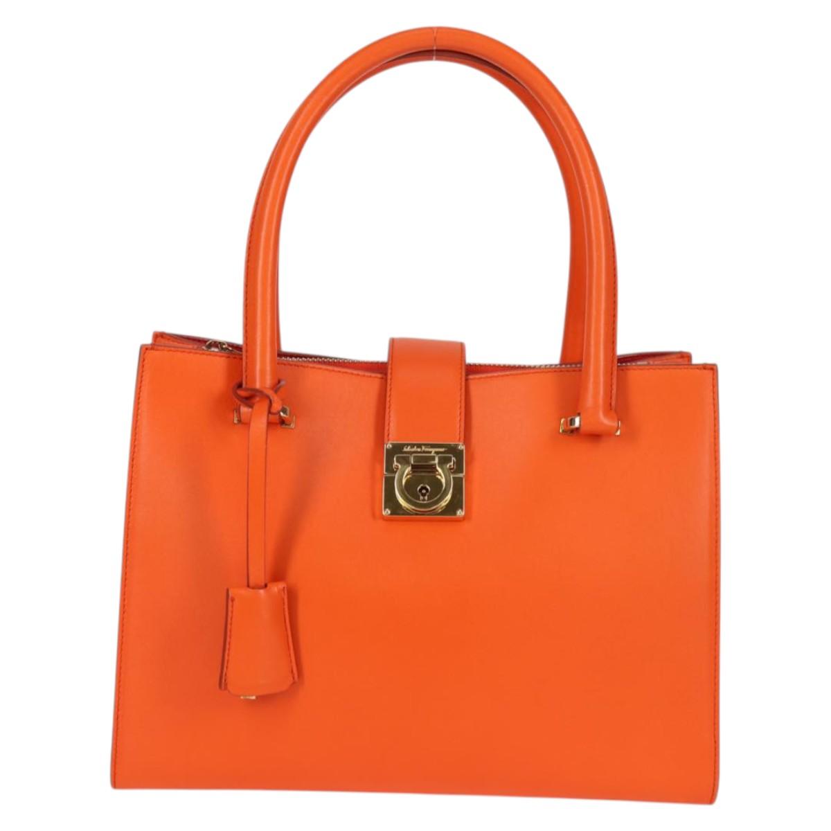 Salvatore Ferragamo Gancini Hand Bag Leather Orange Gold Auth 133276V