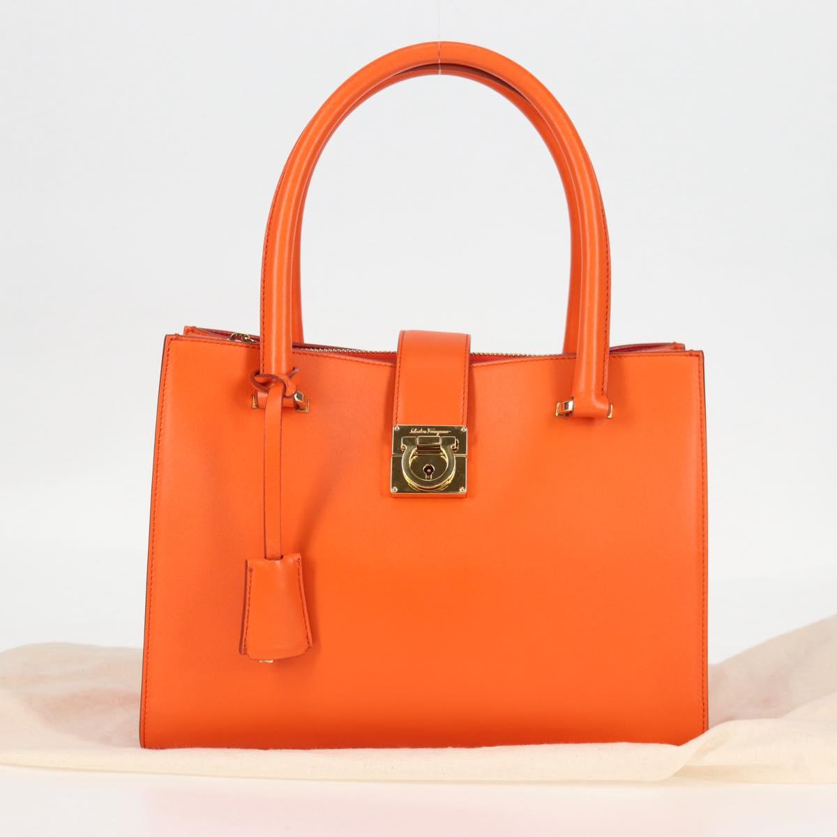 Salvatore Ferragamo Gancini Hand Bag Leather Orange Gold Auth 133276V