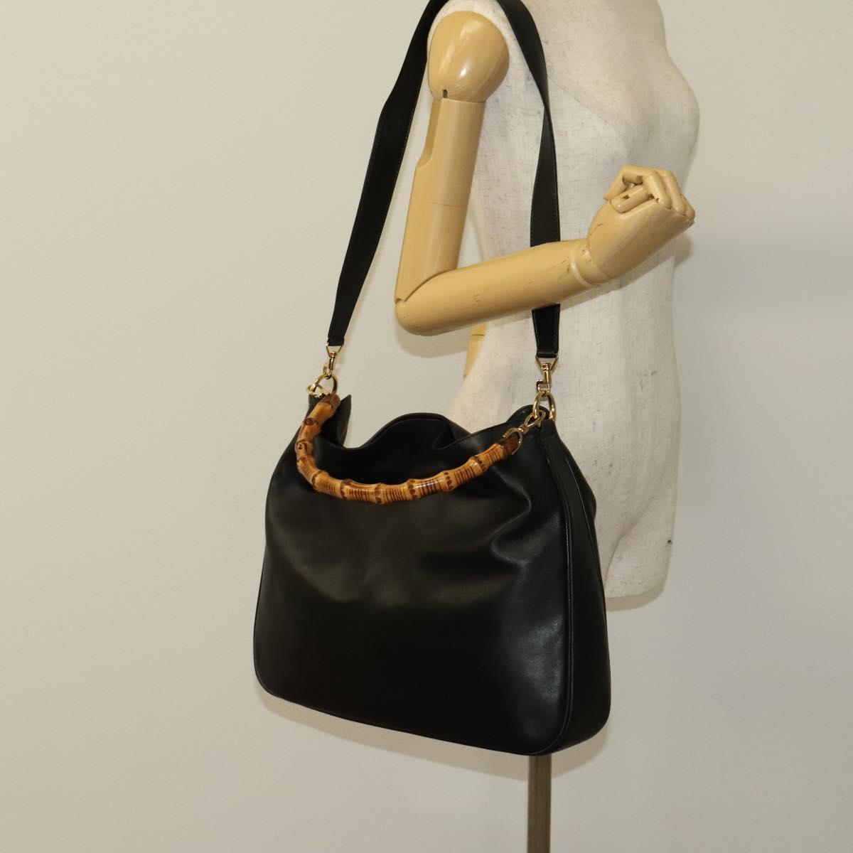 GUCCI Bamboo Hand Bag Leather 2way Black Gold 001 1577 Auth 133277