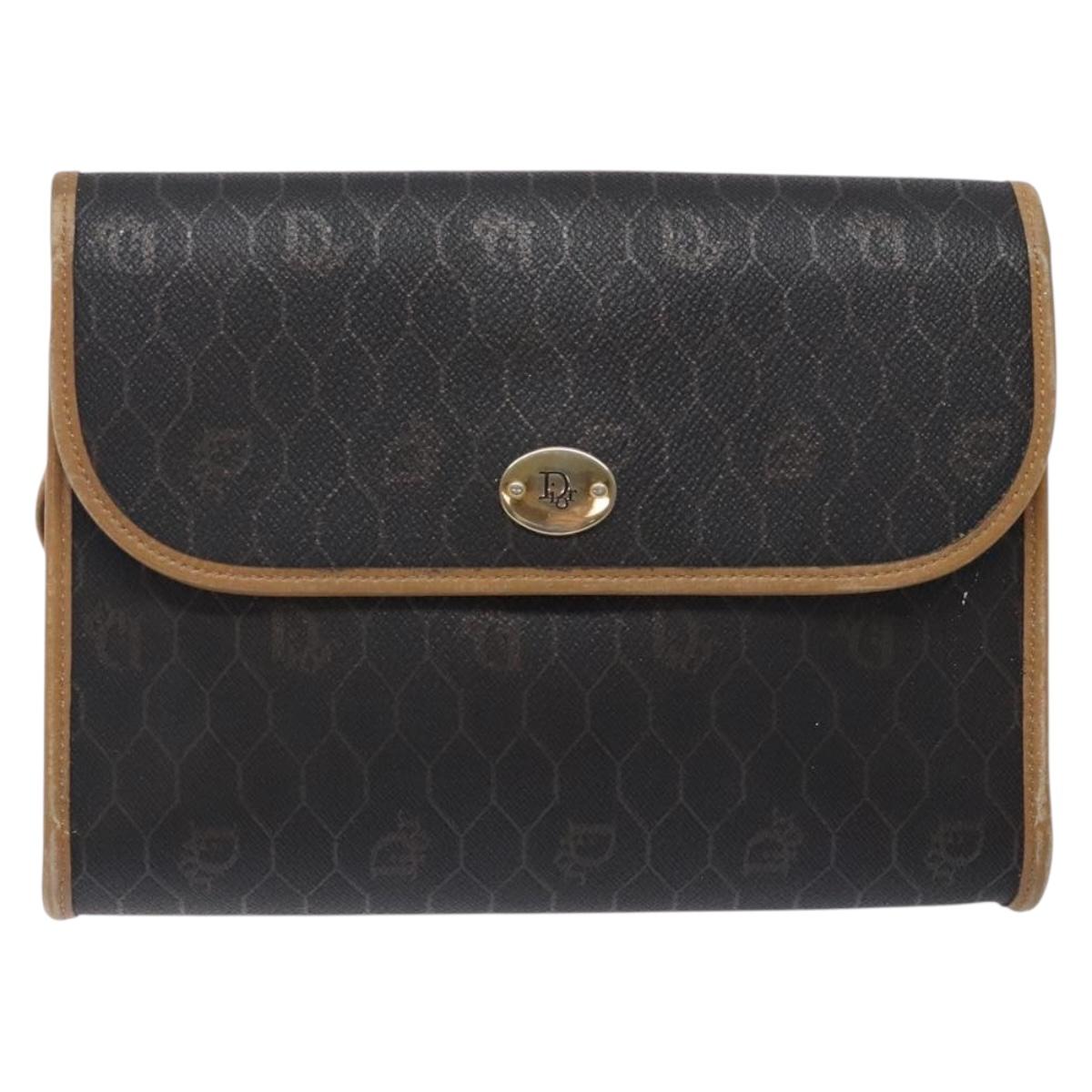 Christian Dior Honeycomb Canvas Shoulder Bag PVC Black Gold Auth 133279