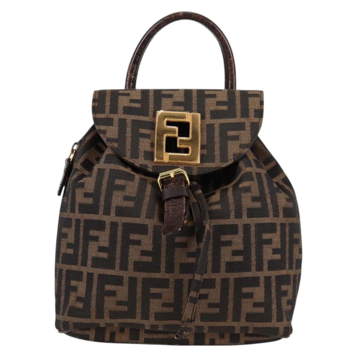 FENDI Zucca Canvas Backpack Black Brown gold Auth 133306