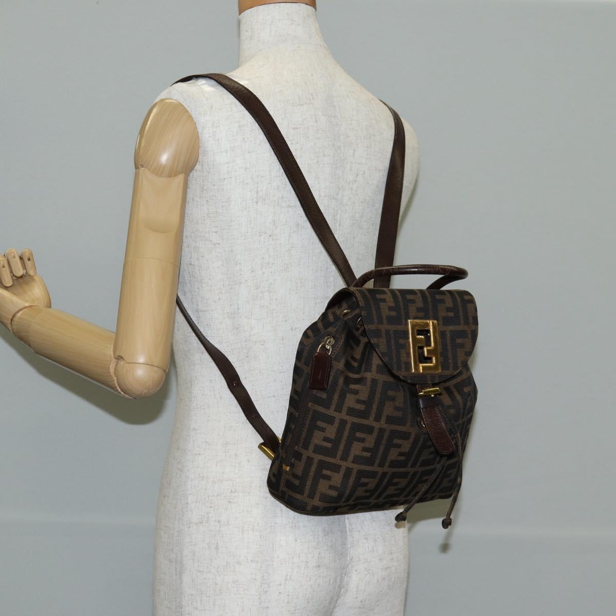 FENDI Zucca Canvas Backpack Black Brown gold Auth 133306
