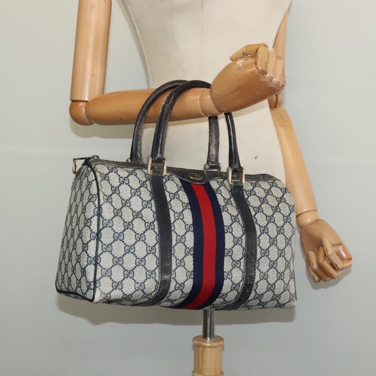 GUCCI GG Supreme Sherry Line Boston Bag PVC Navy Gold 24 012 3842 Auth 133308