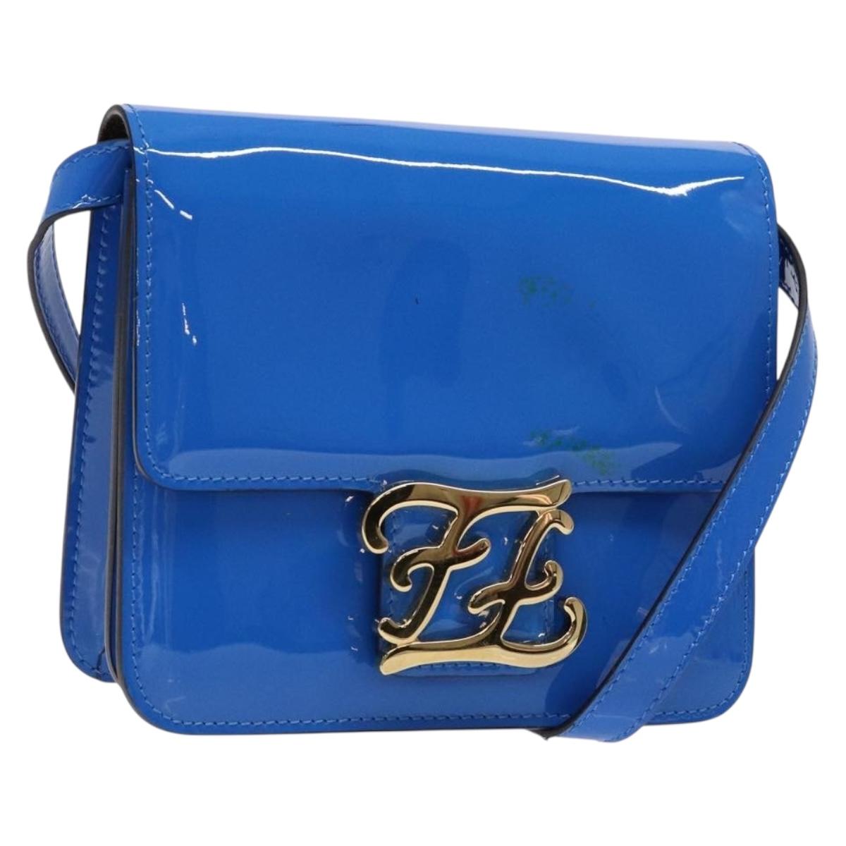 FENDI Curligraphy Shoulder Bag Patent leather Blue Auth 133349