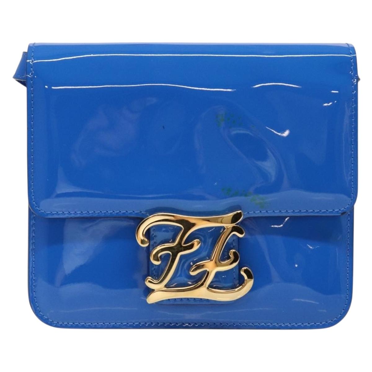 FENDI Curligraphy Shoulder Bag Patent leather Blue Auth 133349