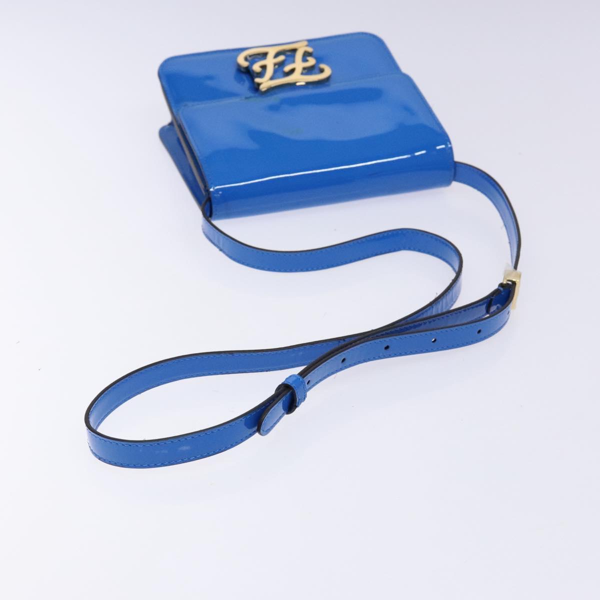 FENDI Curligraphy Shoulder Bag Patent leather Blue Auth 133349