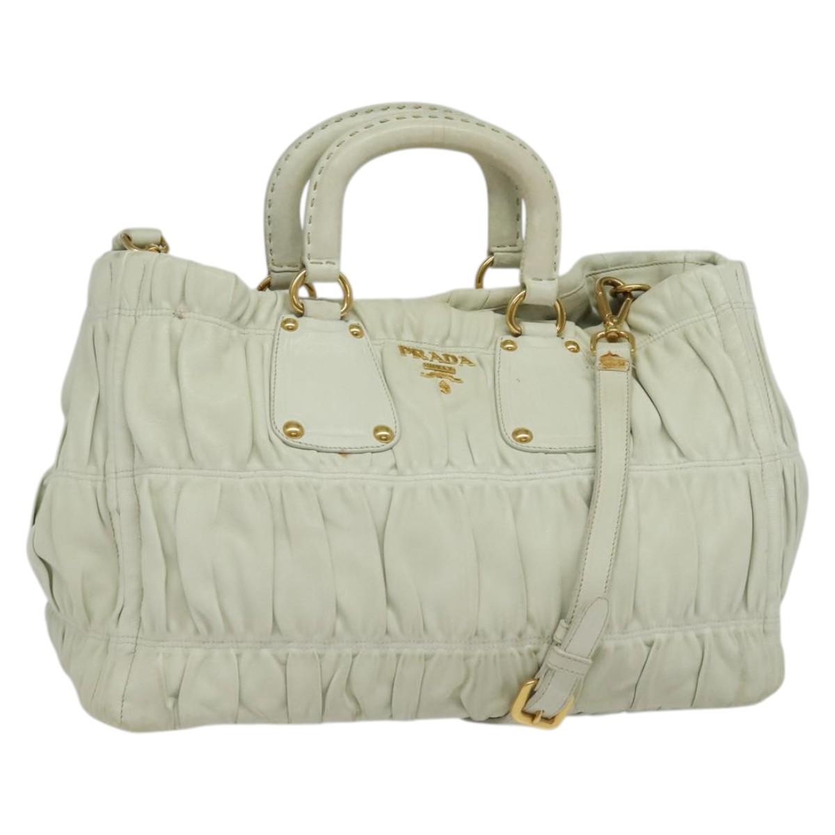 PRADA Hand Bag Leather 2way White Gold Auth 133371