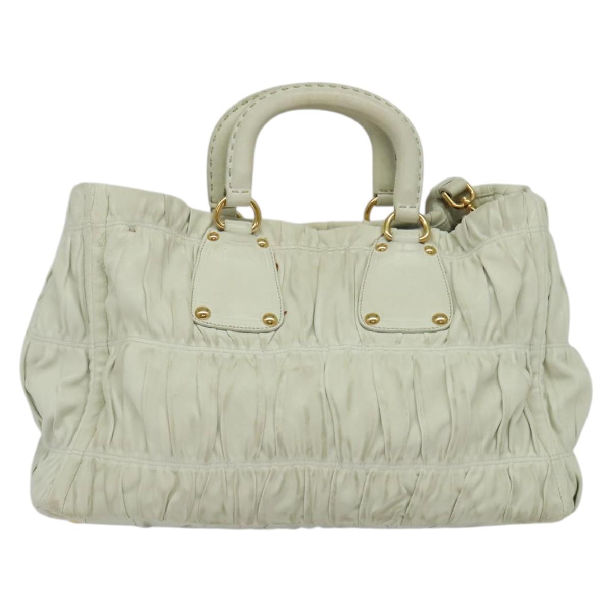 PRADA Hand Bag Leather 2way White Gold Auth 133371