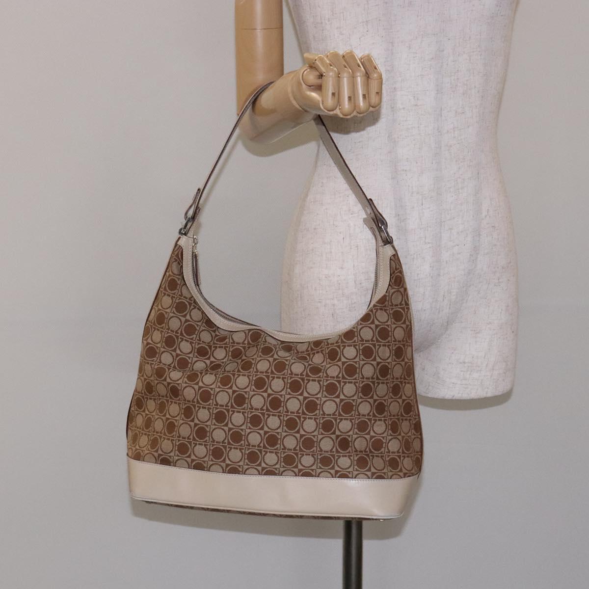 Salvatore Ferragamo Gancini Shoulder Bag Canvas Beige Gold Auth 133373