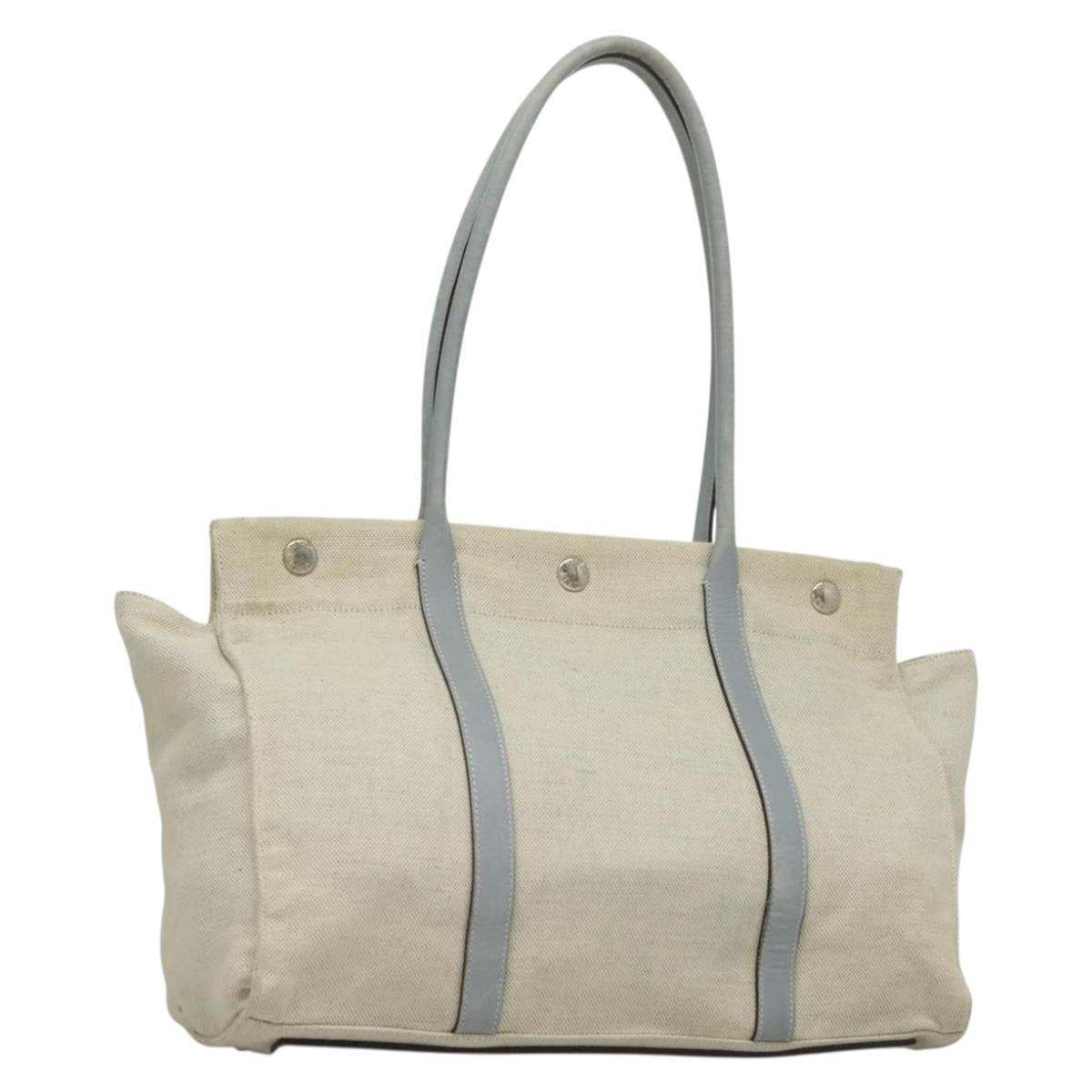 PRADA Tote Bag Canvas Beige Silver Auth 133386