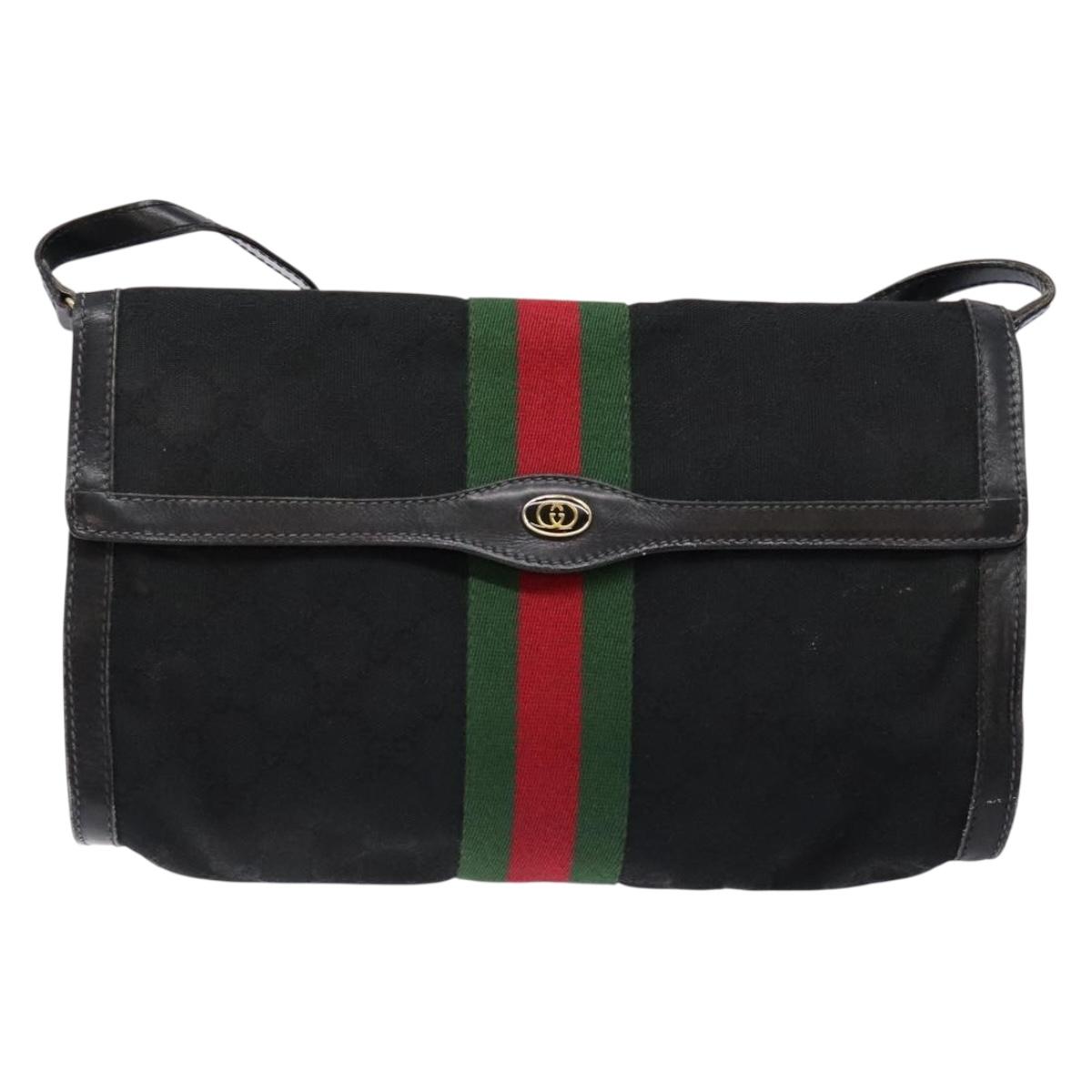 GUCCI Web Sherry Line GG Canvas Shoulder Bag Black Gold 37 04 3657 Auth 133392
