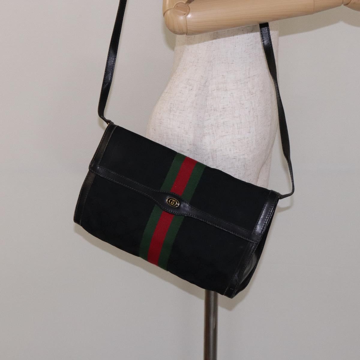 GUCCI Web Sherry Line GG Canvas Shoulder Bag Black Gold 37 04 3657 Auth 133392