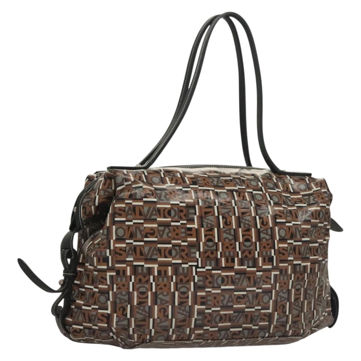 Salvatore Ferragamo Hand Bag PVC Brown Silver Auth 133394