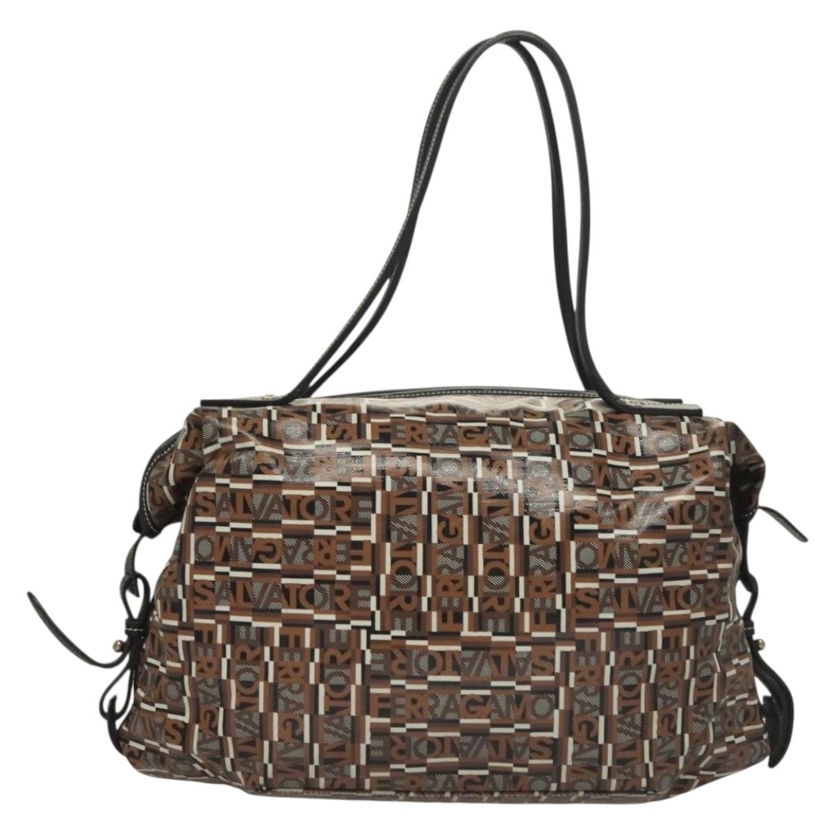 Salvatore Ferragamo Hand Bag PVC Brown Silver Auth 133394