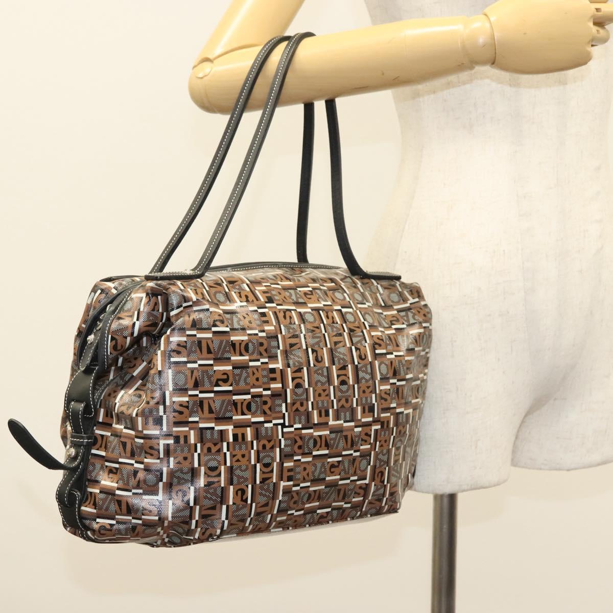 Salvatore Ferragamo Hand Bag PVC Brown Silver Auth 133394