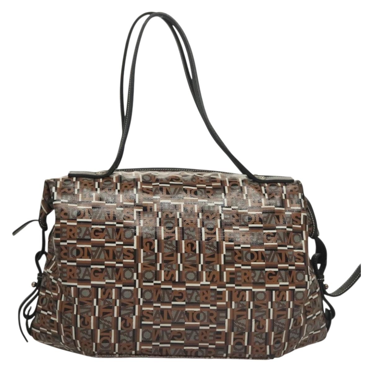 Salvatore Ferragamo Hand Bag PVC Brown Silver Auth 133394
