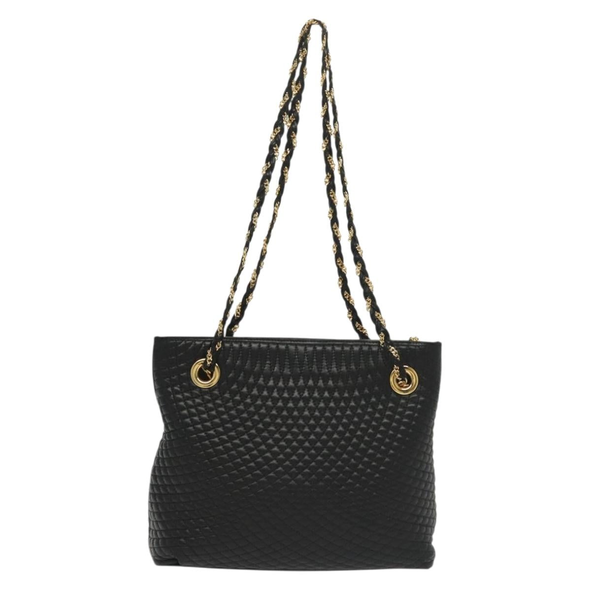 BALLY Quilted Chain Shoulder Bag Leather Black Gold Auth 133395