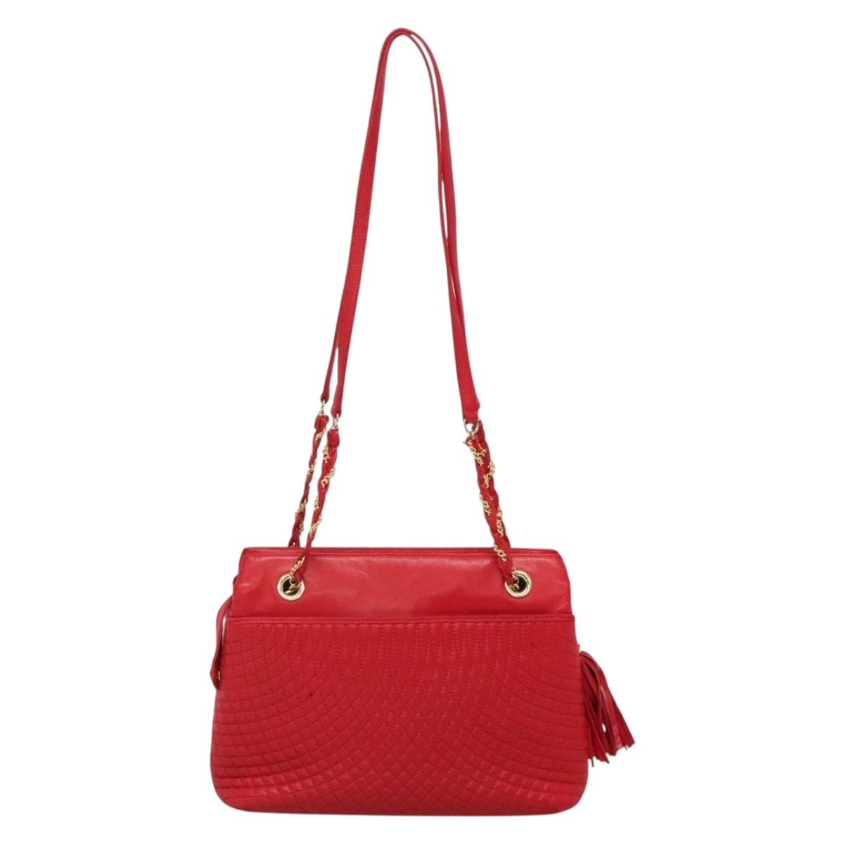 BALLY Quilted Chain Shoulder Bag Leather Red Gold Auth 133396