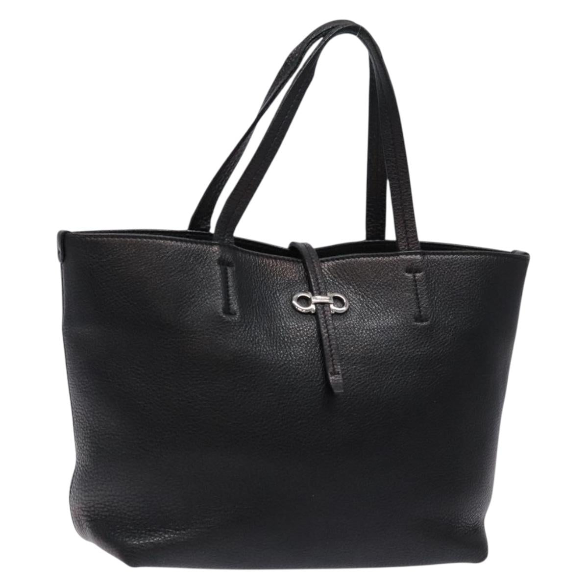 Salvatore Ferragamo Gancini Hand Bag Leather Black Silver Auth 133405