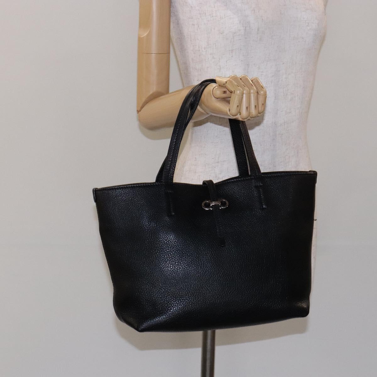 Salvatore Ferragamo Gancini Hand Bag Leather Black Silver Auth 133405