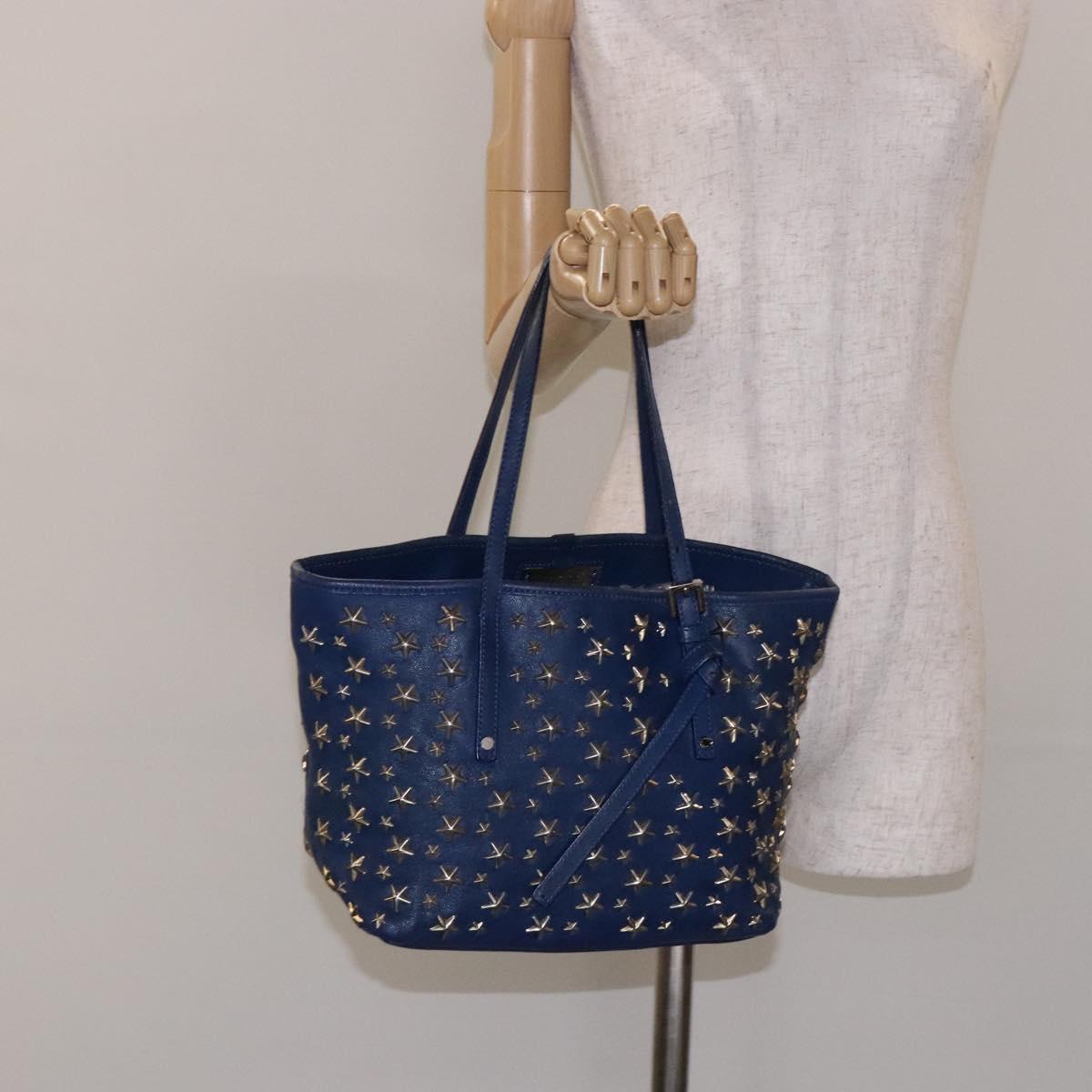 Jimmy Choo Studs Tote Bag Leather Blue Silver Auth 133409