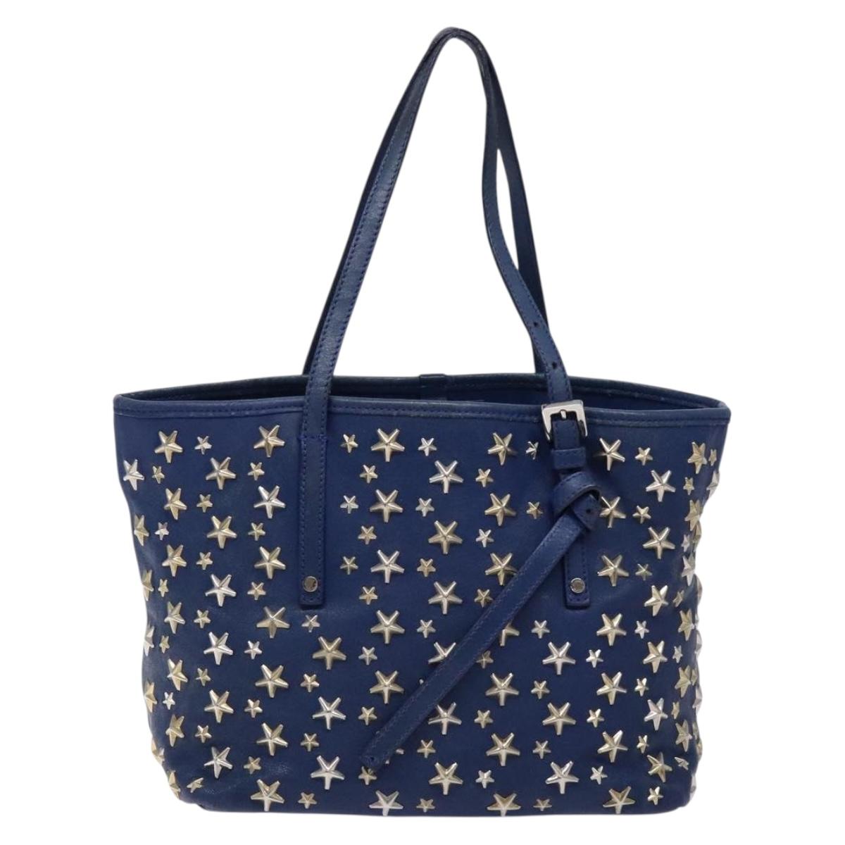 Jimmy Choo Studs Tote Bag Leather Blue Silver Auth 133409