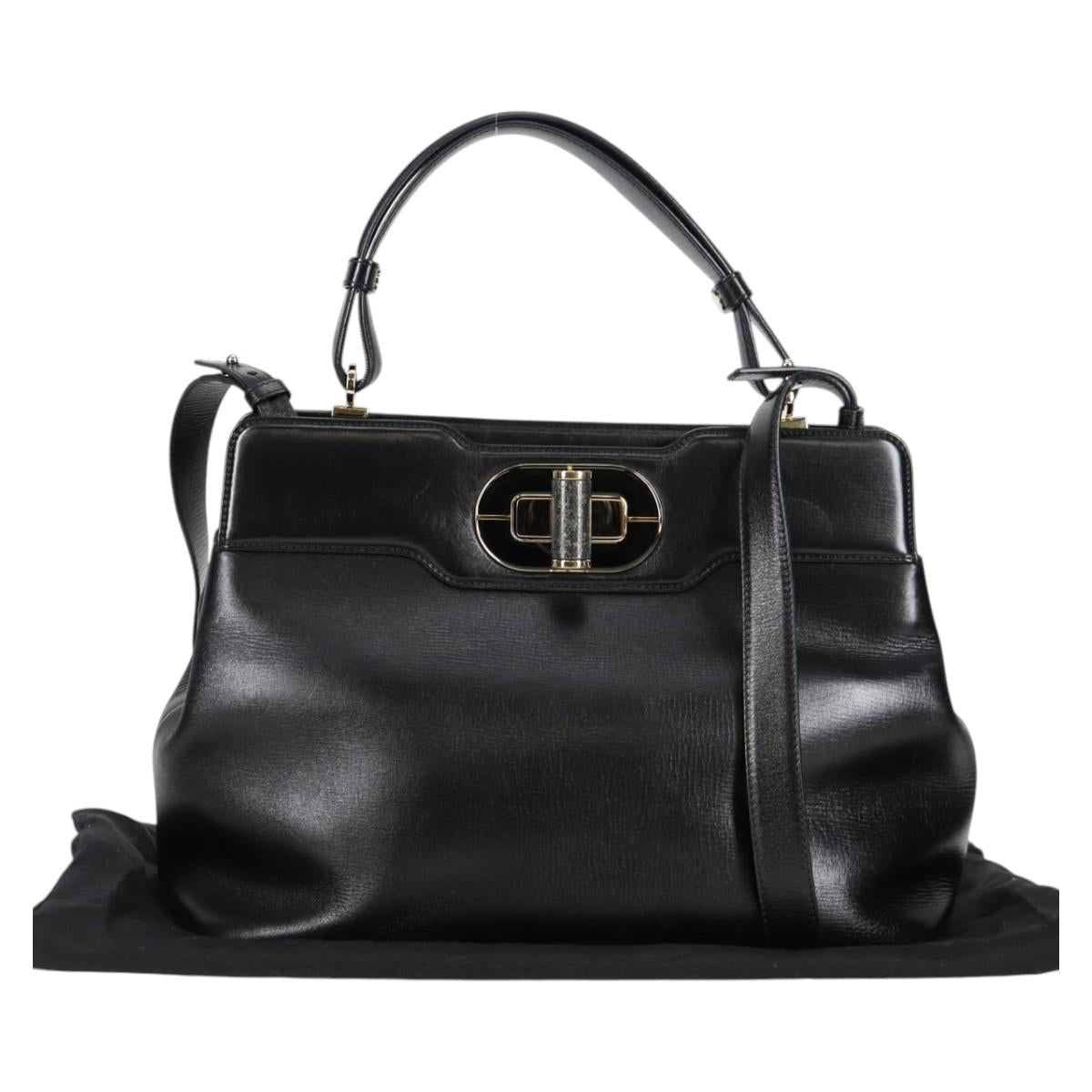 BVLGARI Hand Bag Leather 2way Black Gold Auth 133425