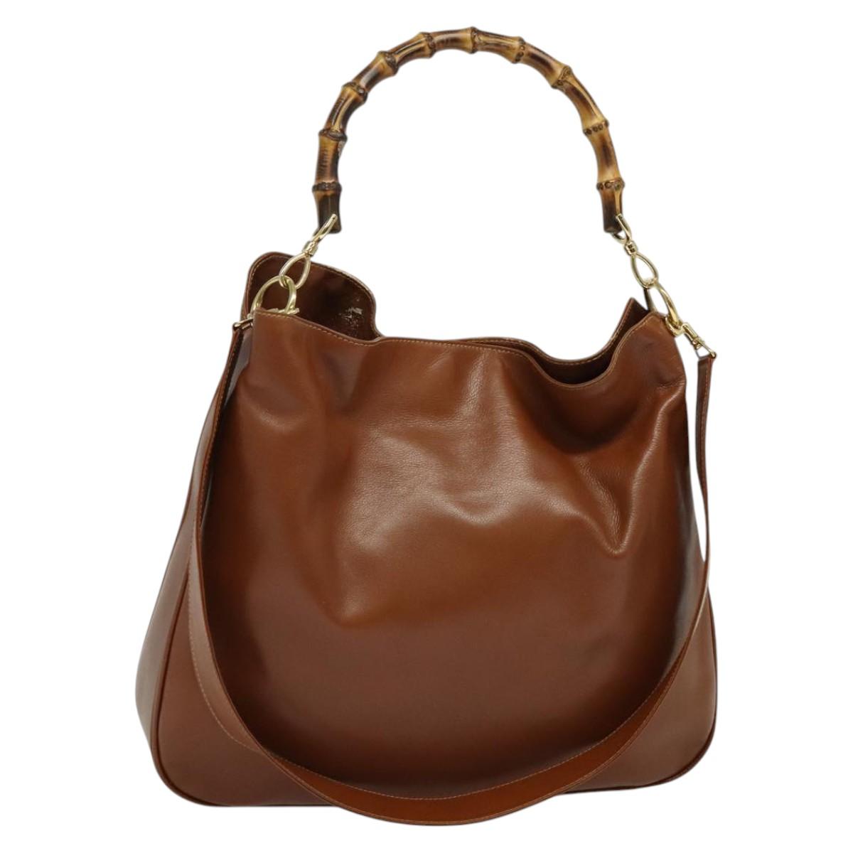GUCCI Bamboo Hand Bag Leather 2way Brown Gold 001 2113 1577 Auth 133477