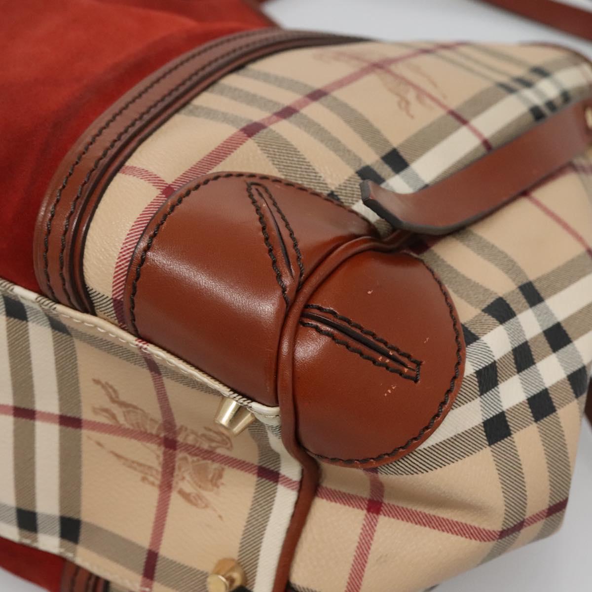 BURBERRY Nova Check Blue Label Tote Bag PVC Suede Beige Brown gold Auth 133568