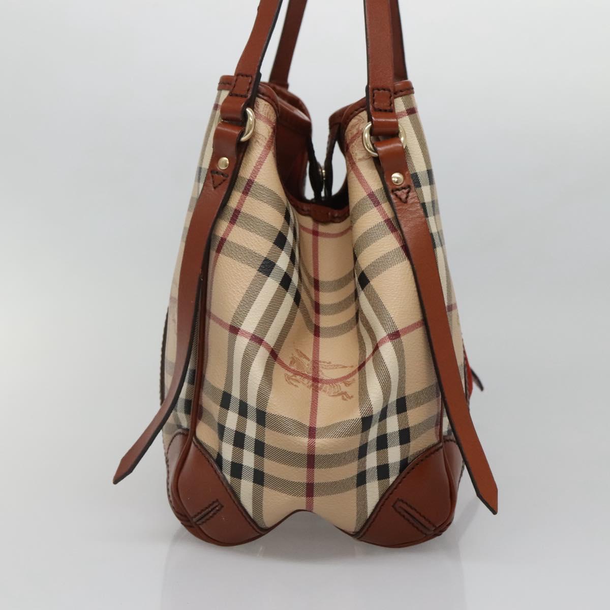BURBERRY Nova Check Blue Label Tote Bag PVC Suede Beige Brown gold Auth 133568