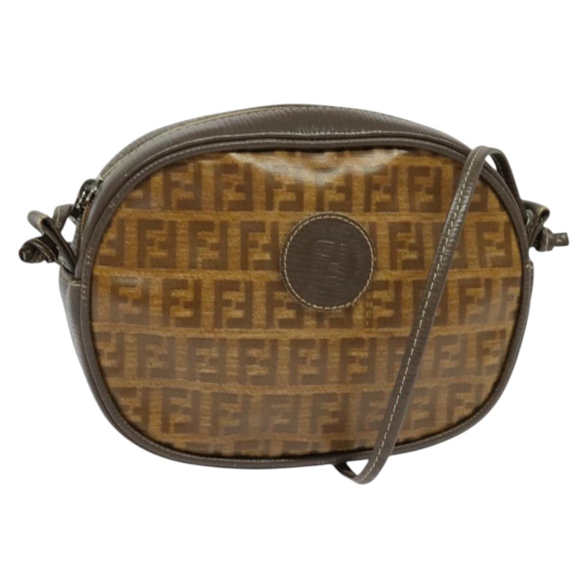 FENDI Zucchino Canvas Shoulder Bag PVC Dark Brown Auth 133608