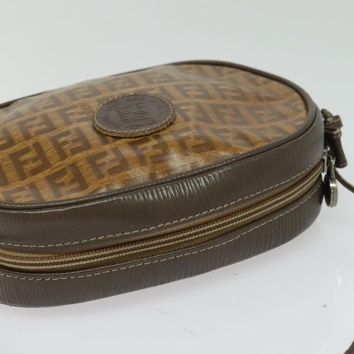 FENDI Zucchino Canvas Shoulder Bag PVC Dark Brown Auth 133608