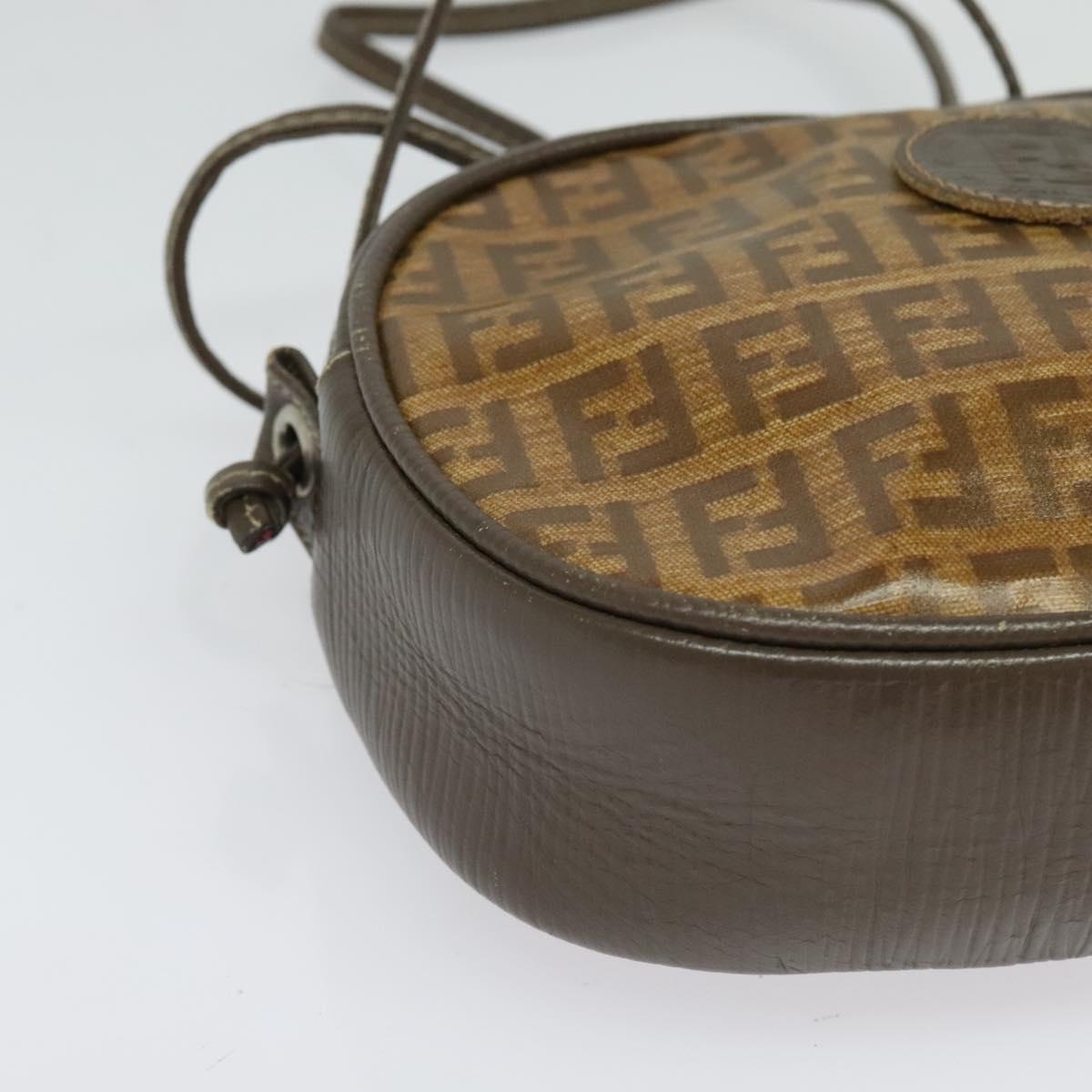 FENDI Zucchino Canvas Shoulder Bag PVC Dark Brown Auth 133608
