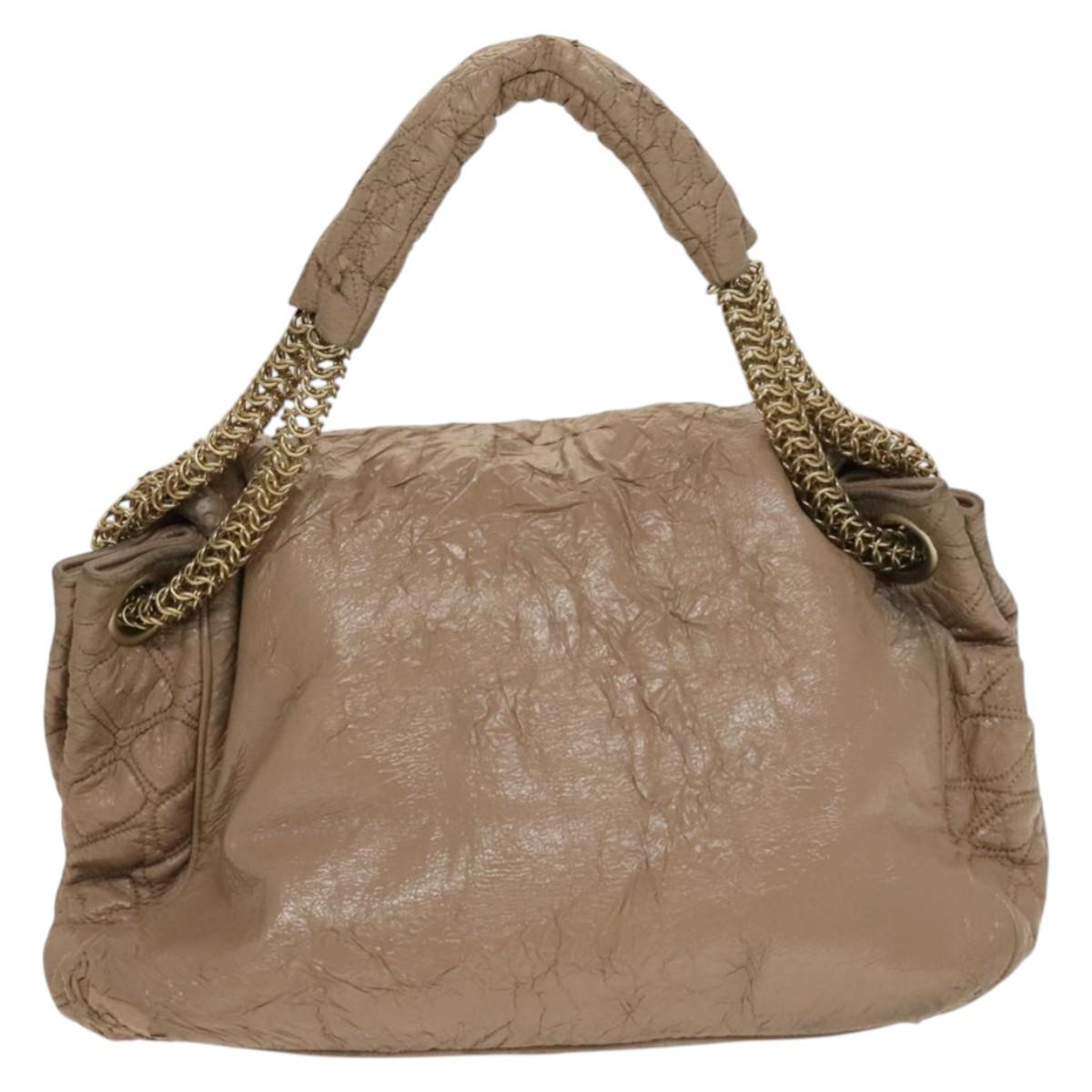CHANEL Chain Shoulder Bag Vinyl Coated Leather Beige Gold CC Auth 133615