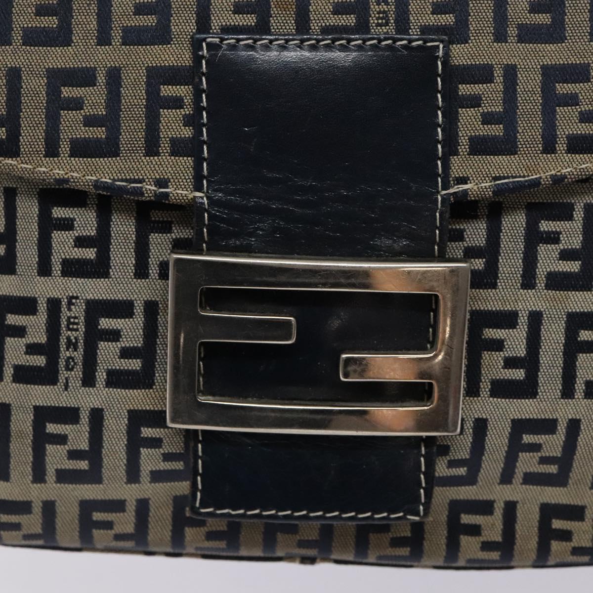 FENDI Zucchino Canvas Mamma Baguette Shoulder Bag Navy Silver Auth 133731