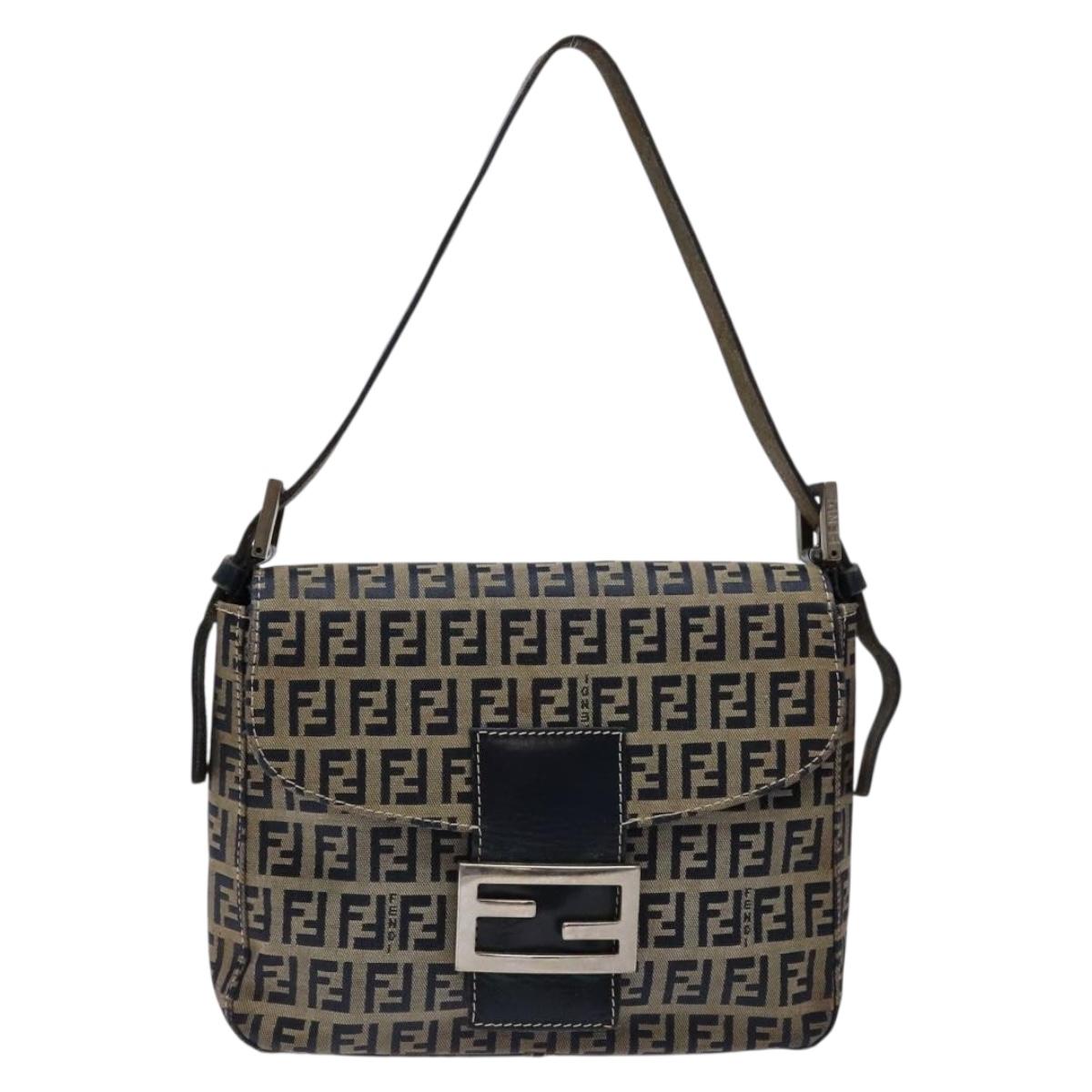 FENDI Zucchino Canvas Mamma Baguette Shoulder Bag Navy Silver Auth 133731