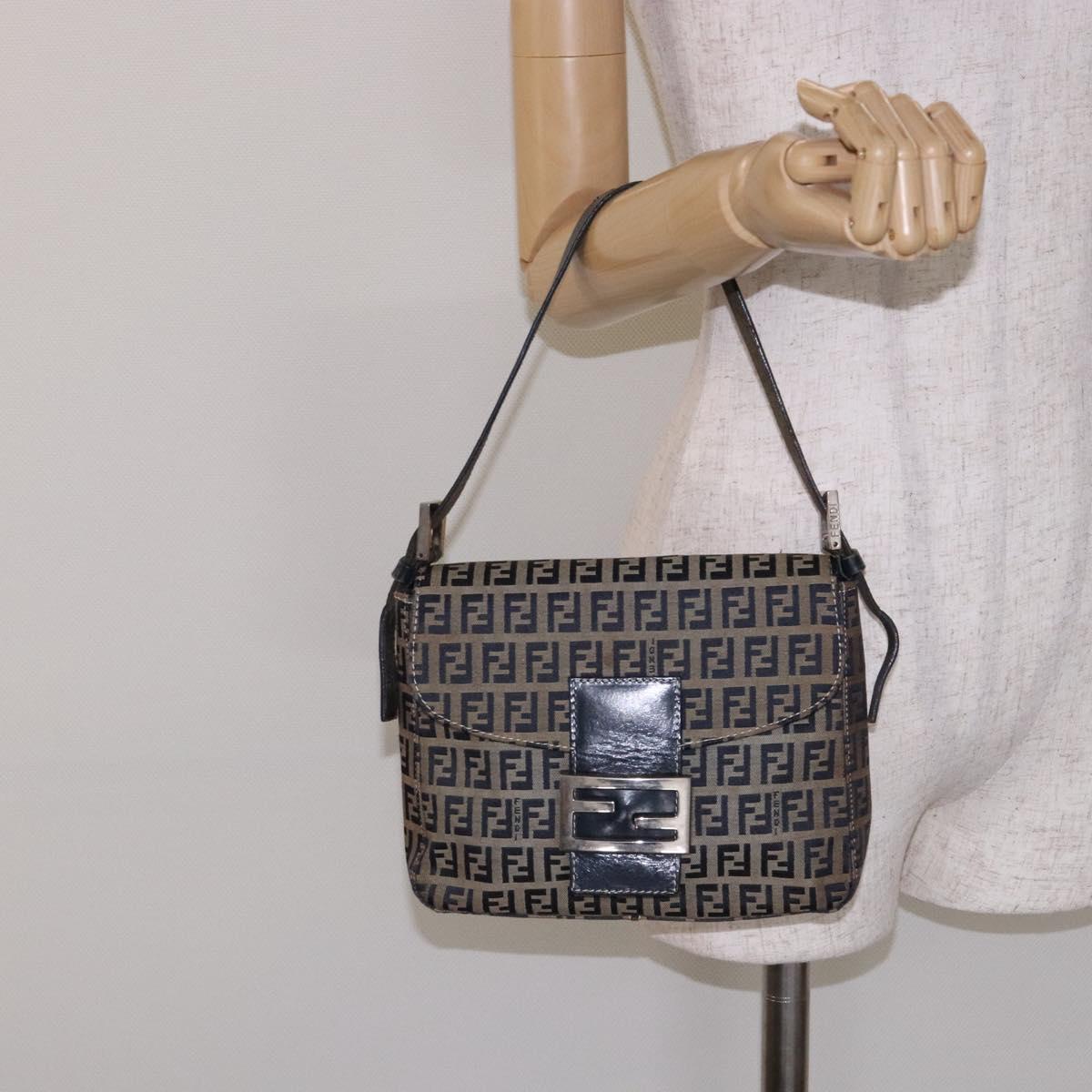 FENDI Zucchino Canvas Mamma Baguette Shoulder Bag Navy Silver Auth 133731