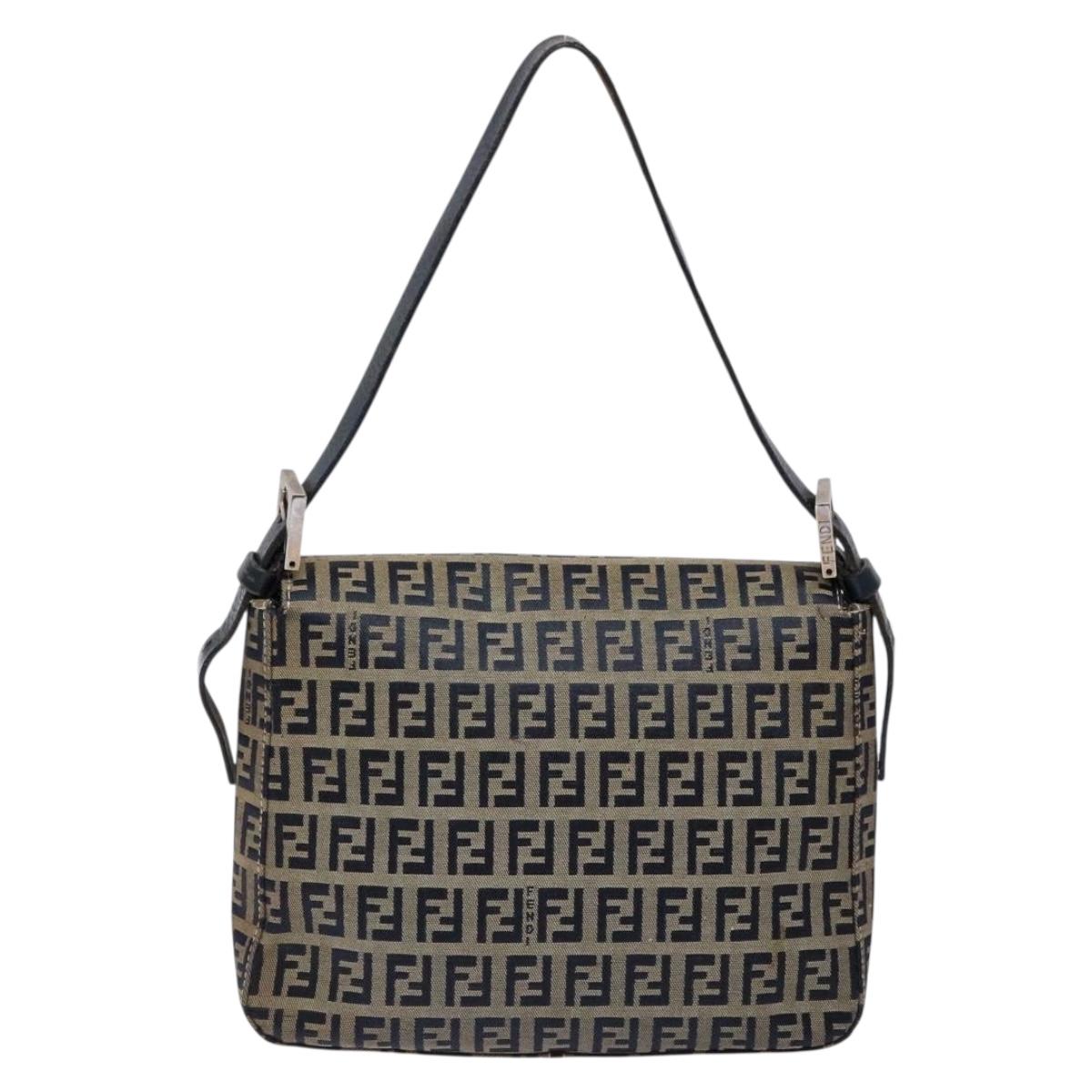 FENDI Zucchino Canvas Mamma Baguette Shoulder Bag Navy Silver Auth 133731
