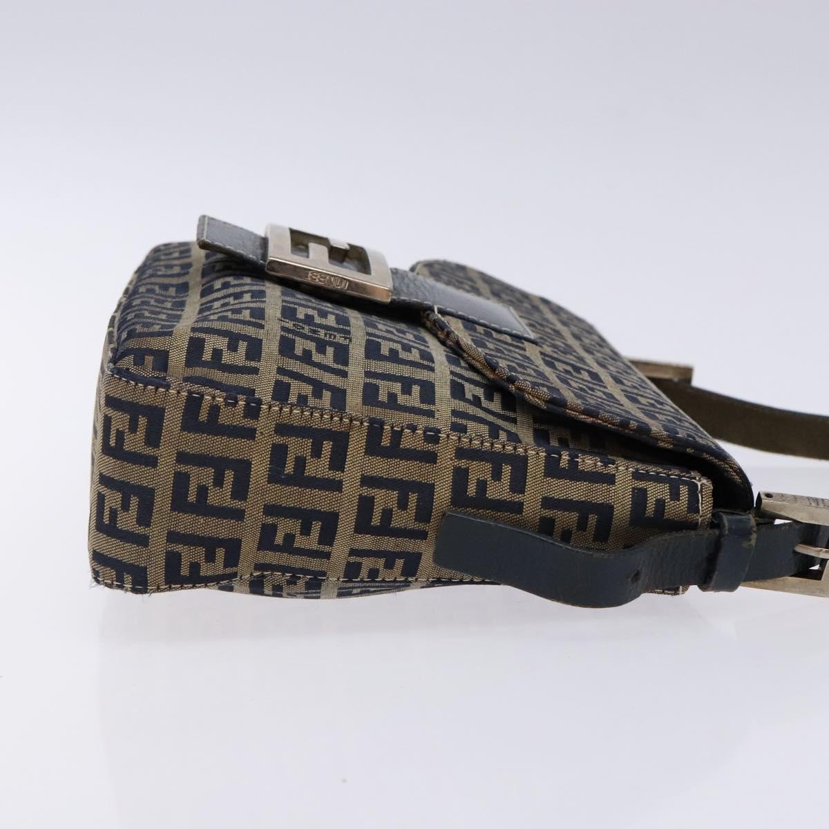 FENDI Zucchino Canvas Mamma Baguette Shoulder Bag Navy Silver Auth 133731