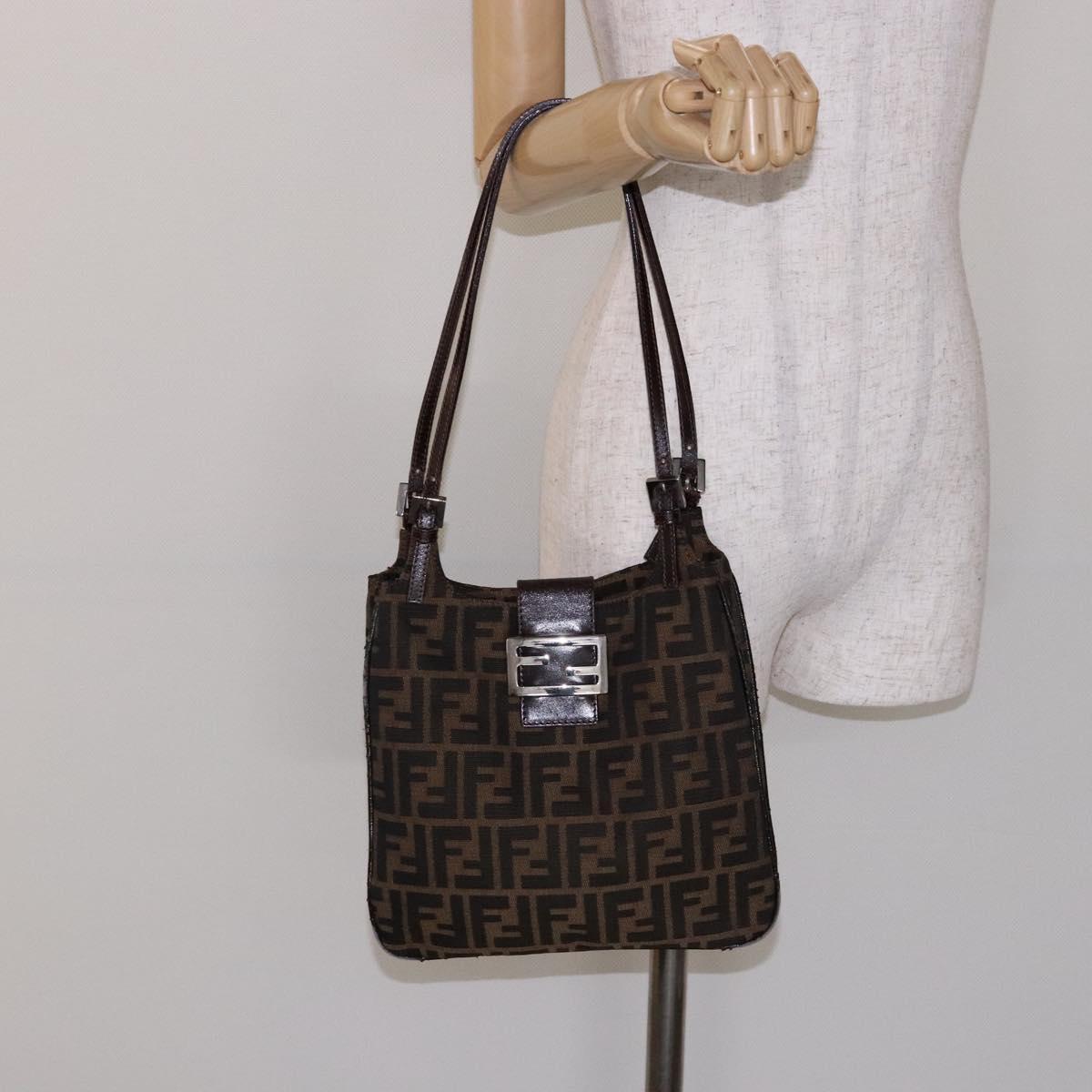 FENDI Zucca Canvas Shoulder Bag Black Brown Silver Auth 133732