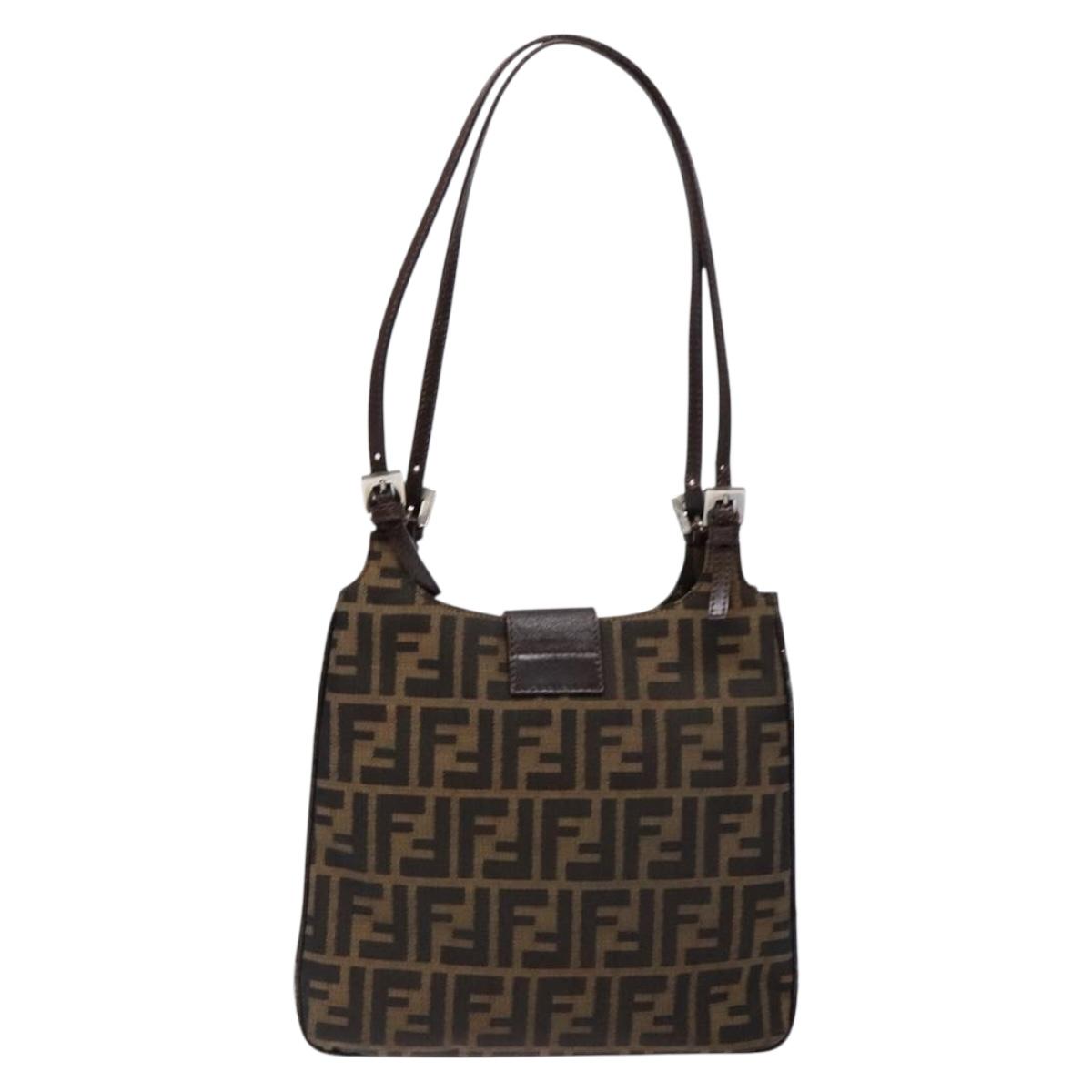 FENDI Zucca Canvas Shoulder Bag Black Brown Silver Auth 133732