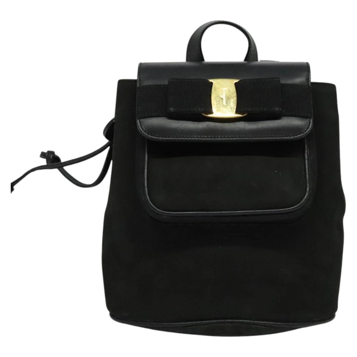 Salvatore Ferragamo Vala Vala Backpack Suede Black Gold Auth 133755