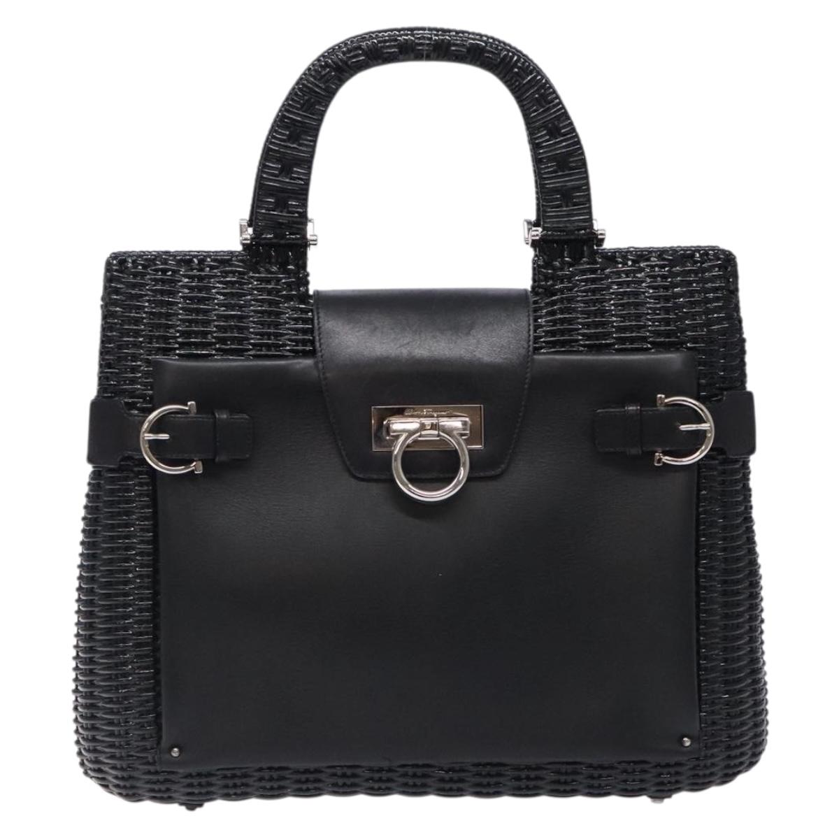 Salvatore Ferragamo Gancini Hand Bag Leather Wicker Black Silver Auth 133756
