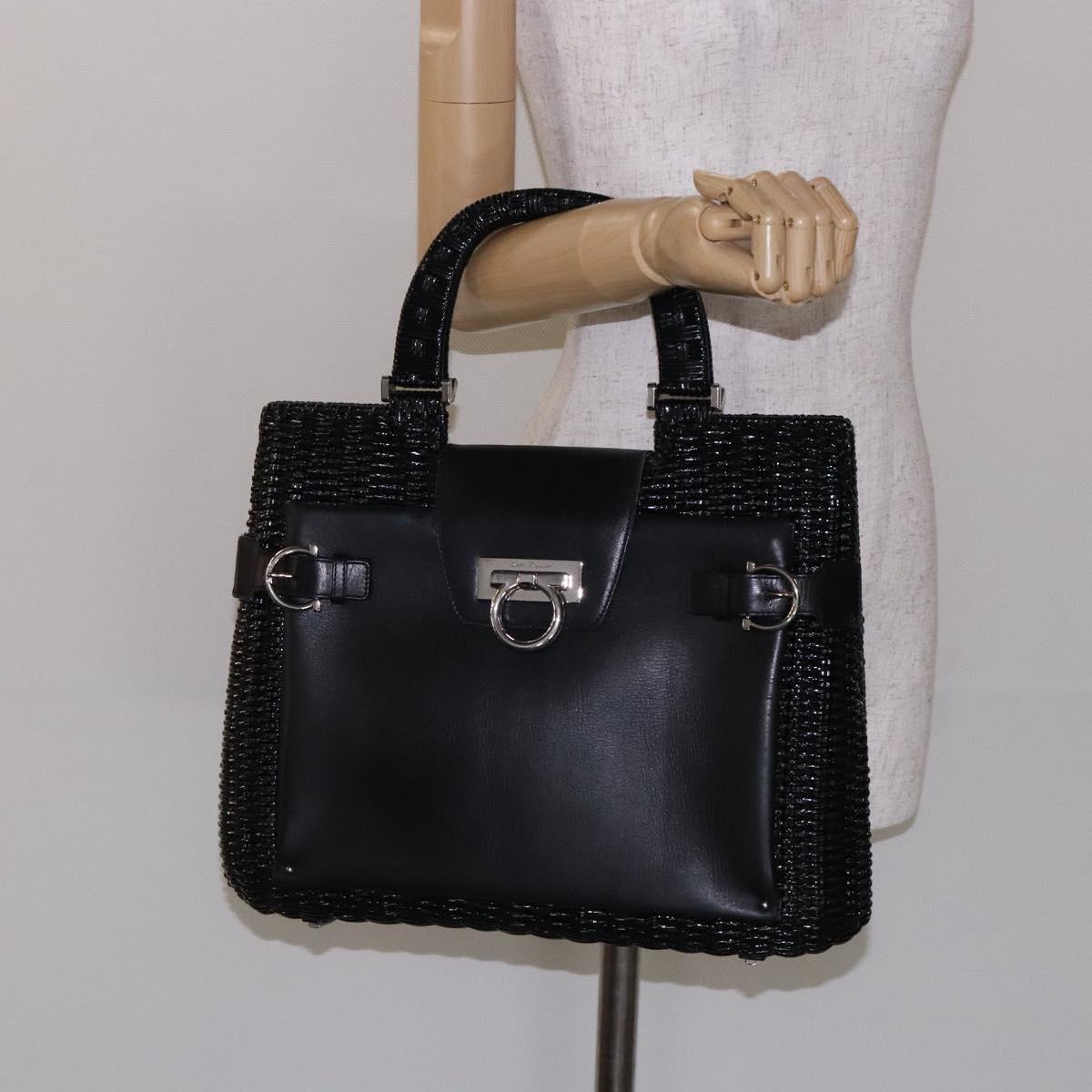 Salvatore Ferragamo Gancini Hand Bag Leather Wicker Black Silver Auth 133756