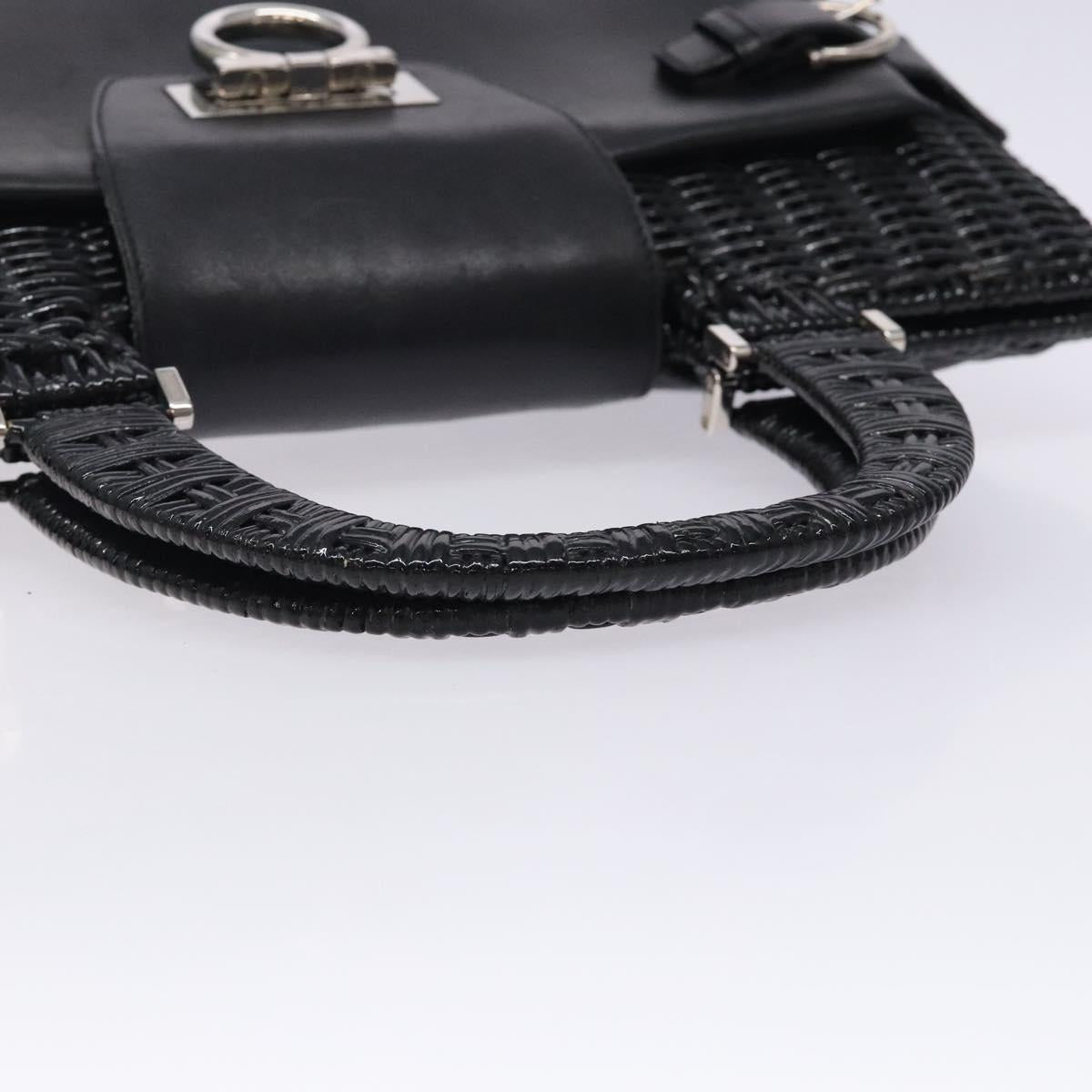 Salvatore Ferragamo Gancini Hand Bag Leather Wicker Black Silver Auth 133756