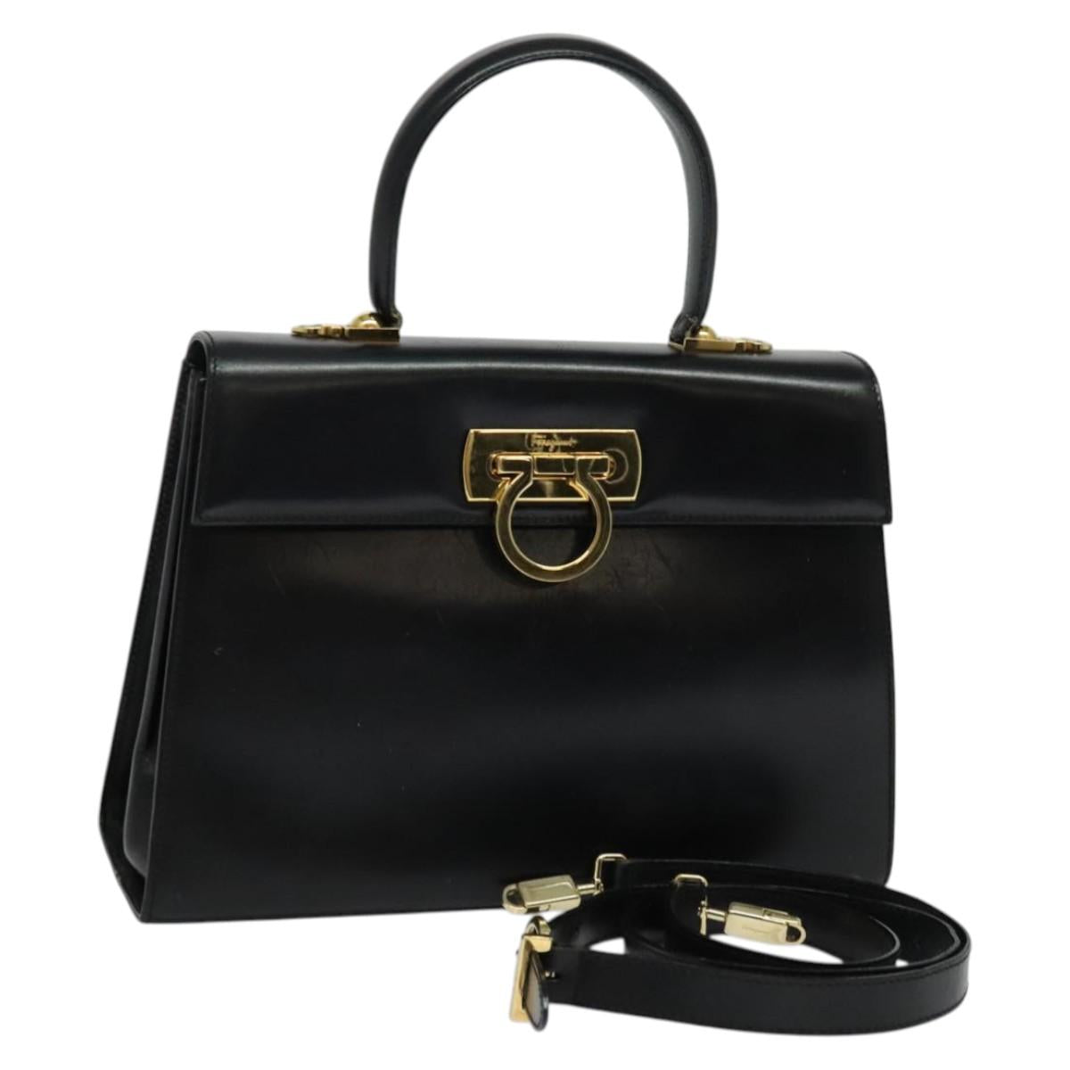 Salvatore Ferragamo Gancini Hand Bag Leather 2way Black Gold Auth 133757