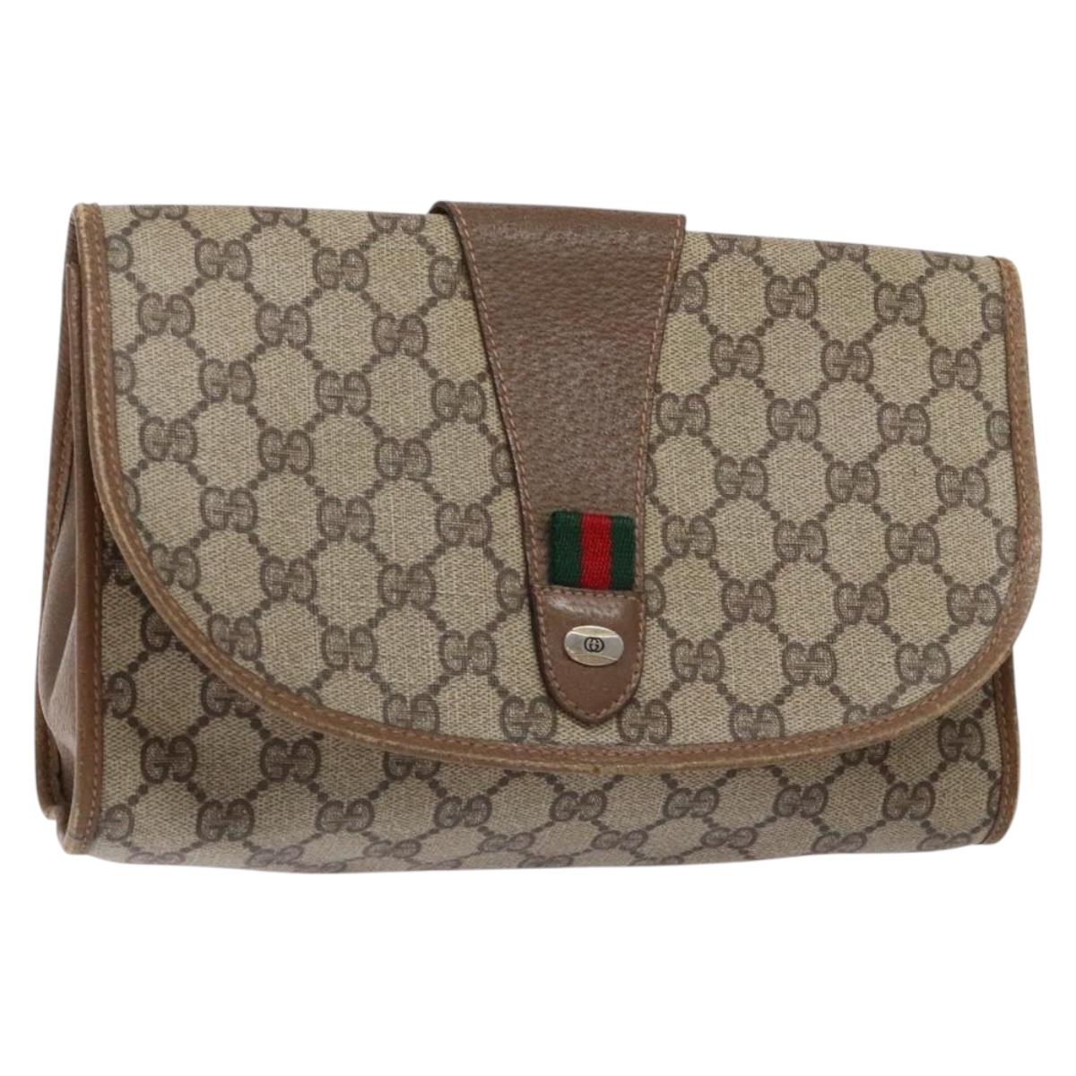 GUCCI GG Supreme Web Sherry Line Clutch Bag PVC Beige Gold 89 01 030 Auth 133814