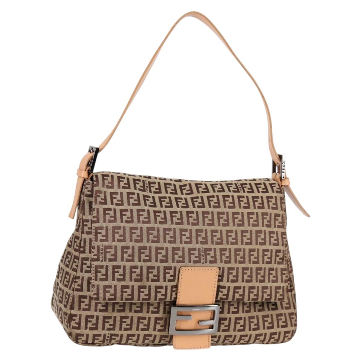 FENDI Zucchino Canvas Mamma Baguette Shoulder Bag Beige Silver Auth 133832V