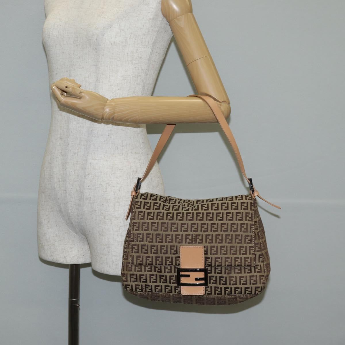 FENDI Zucchino Canvas Mamma Baguette Shoulder Bag Beige Silver Auth 133832V