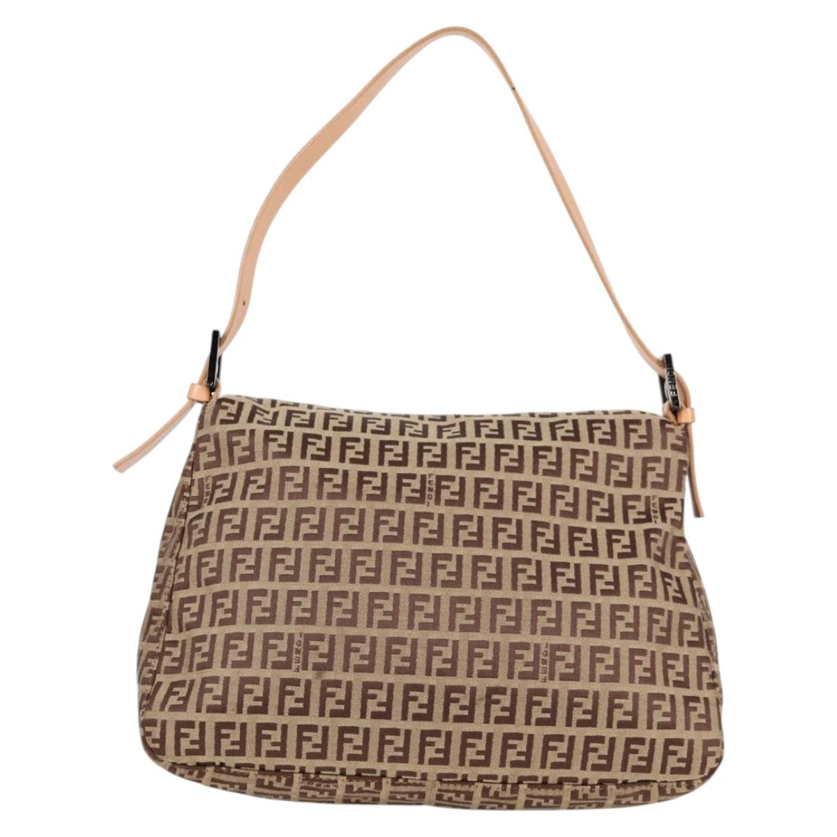 FENDI Zucchino Canvas Mamma Baguette Shoulder Bag Beige Silver Auth 133832V